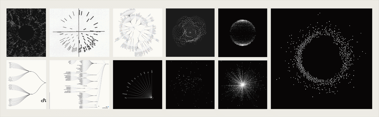 Twelve-panel grid of generative data-visualization studies — radial node clouds, branching dendrograms, particle spheres, and starburst plots — explored as candidate visual languages for Straji's reactive UX.